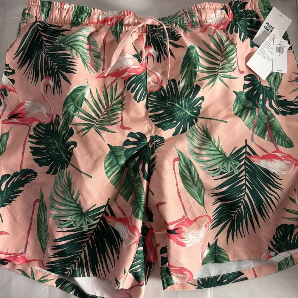 OLD NAVY Swim Trunks Board Shorts Men Size XL Pink Flamingos Beach Vacation NWT